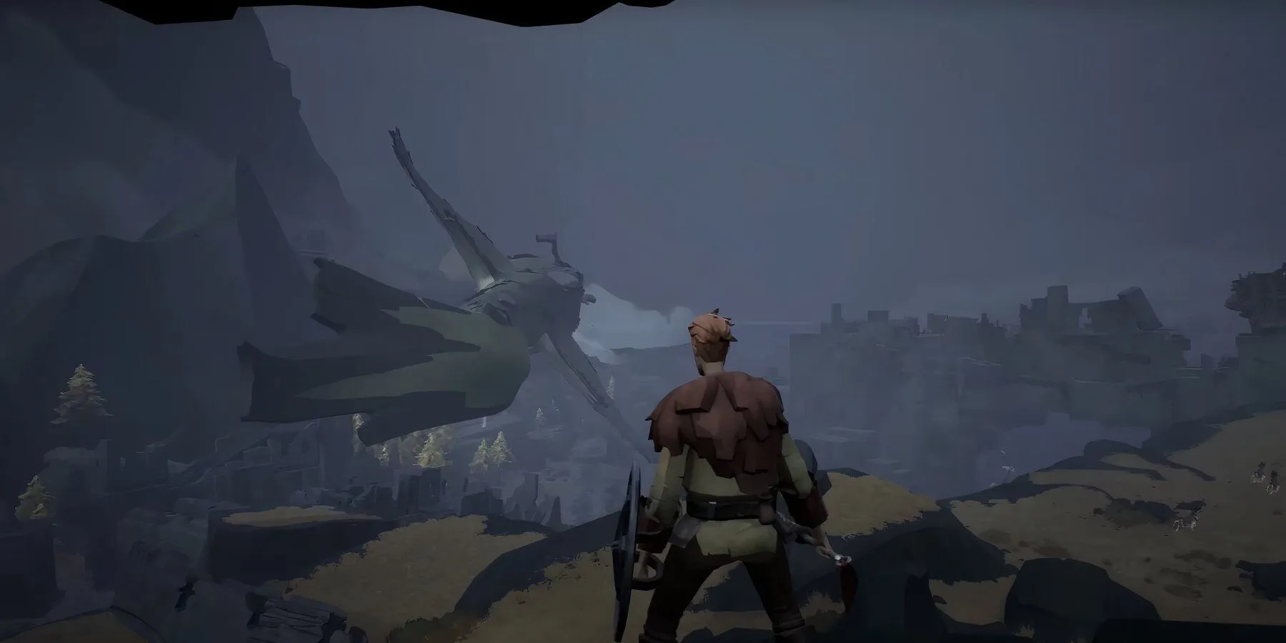 Nhân vật chính nhìn ra vách núi trong Ashen, game Souls-like đồ họa tối giản có thế giới mở