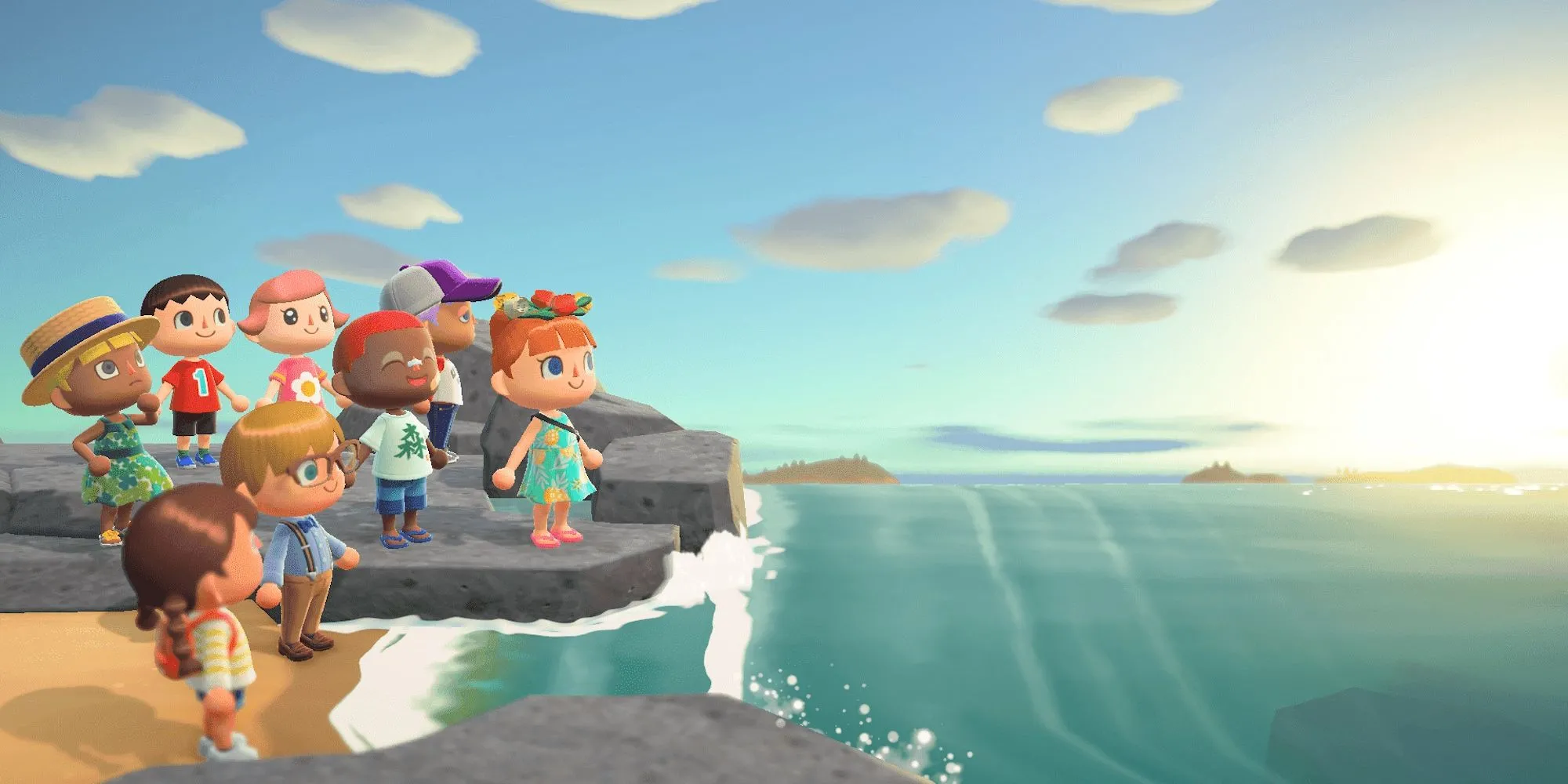Nhân vật chính trong Animal Crossing: New Horizons nhìn ra biển cùng các cư dân khác