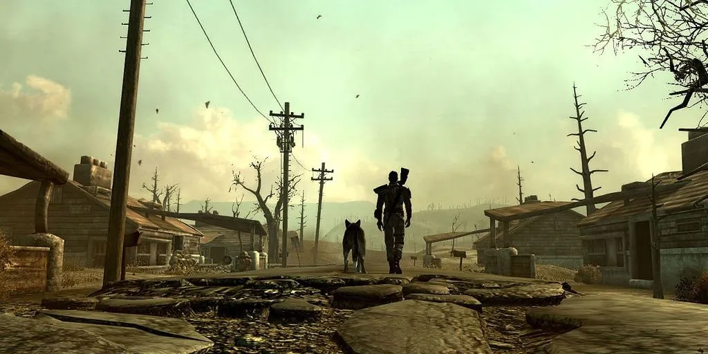 Nhân vật chính và Dogmeat đi dọc con đường trong Fallout 3