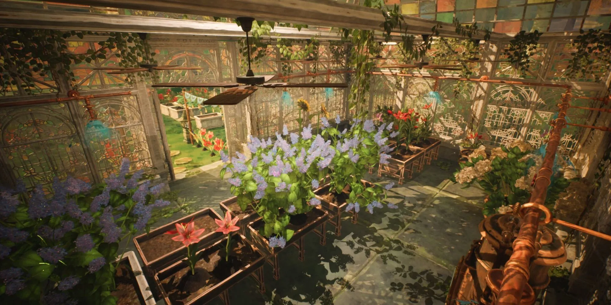 Nhân vật đang làm vườn trong nhà kính với ánh nắng vàng dịu trong game Garden Life