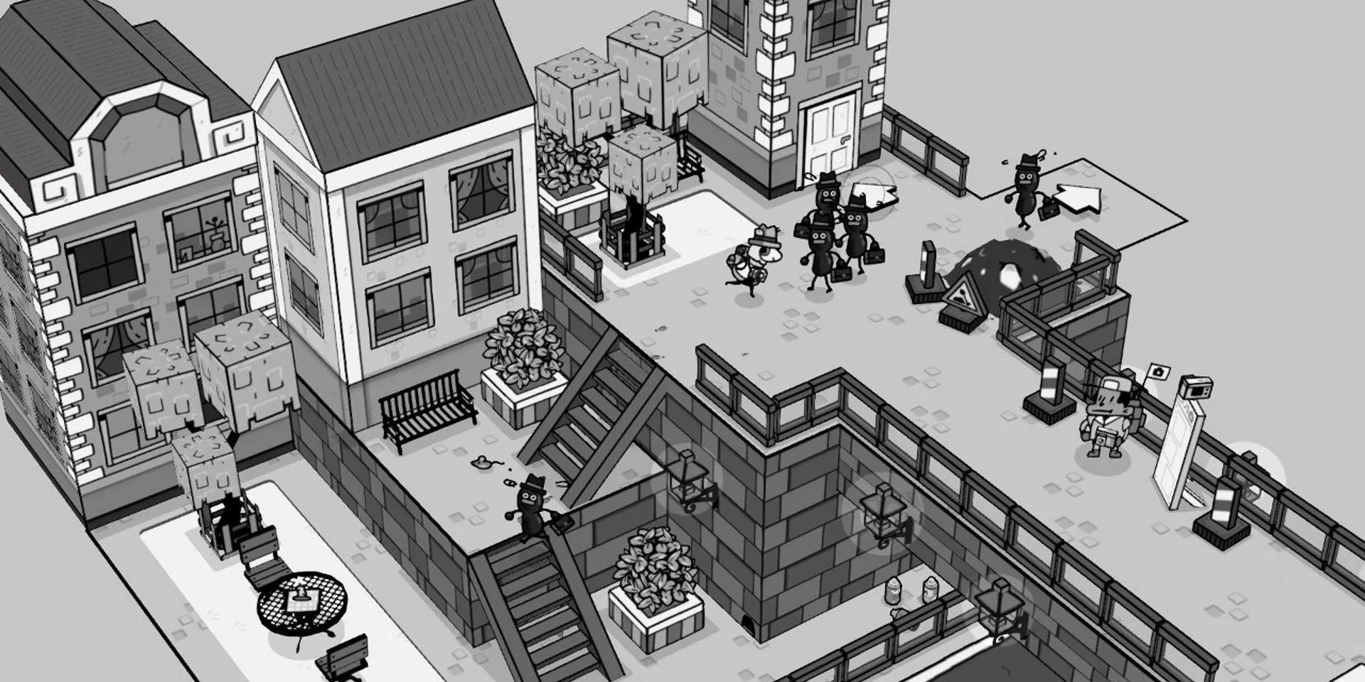 Nhân vật di chuyển trong thành phố của game nhiếp ảnh Toem với đồ họa vẽ tay đơn sắc