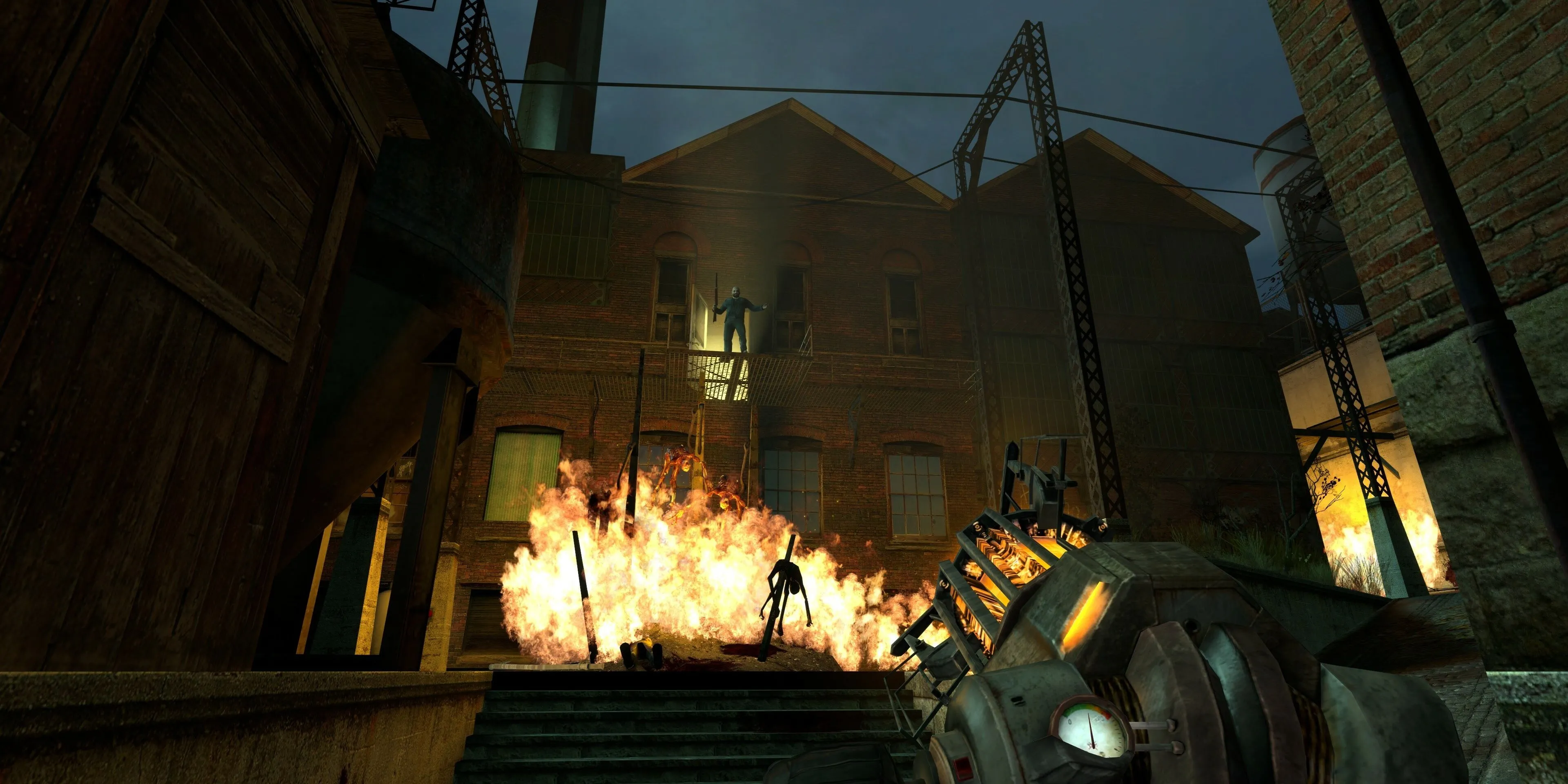 Nhân vật đứng trong khu vực Ravenholm của game Half-Life 2