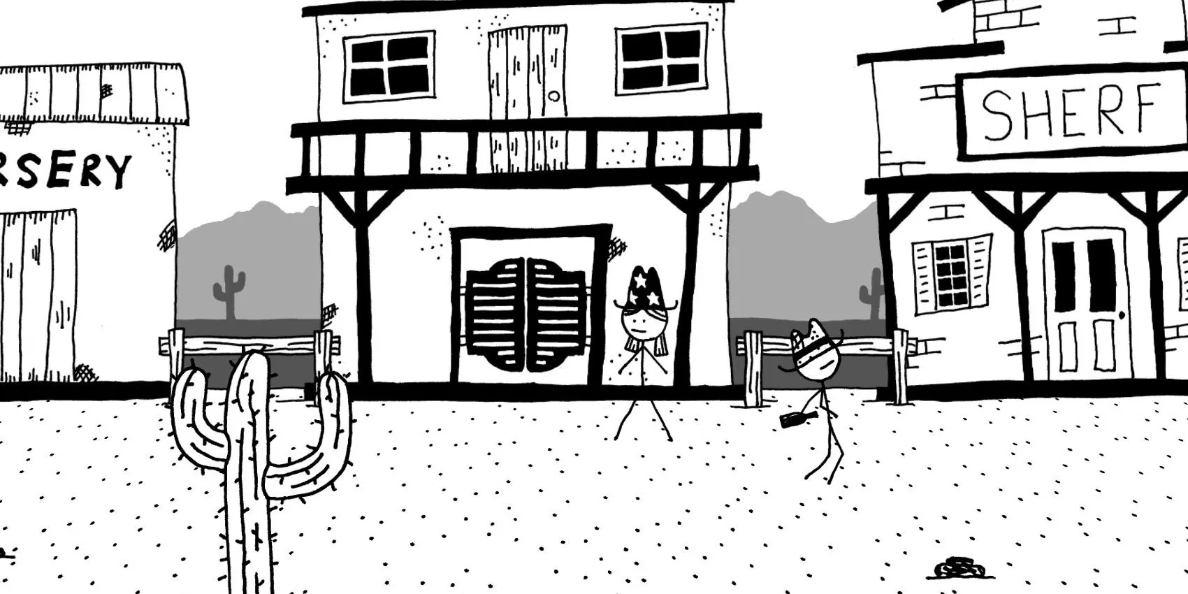Nhân vật đứng trong thị trấn của game nhập vai West Of Loathing với đồ họa vẽ tay như sổ phác thảo