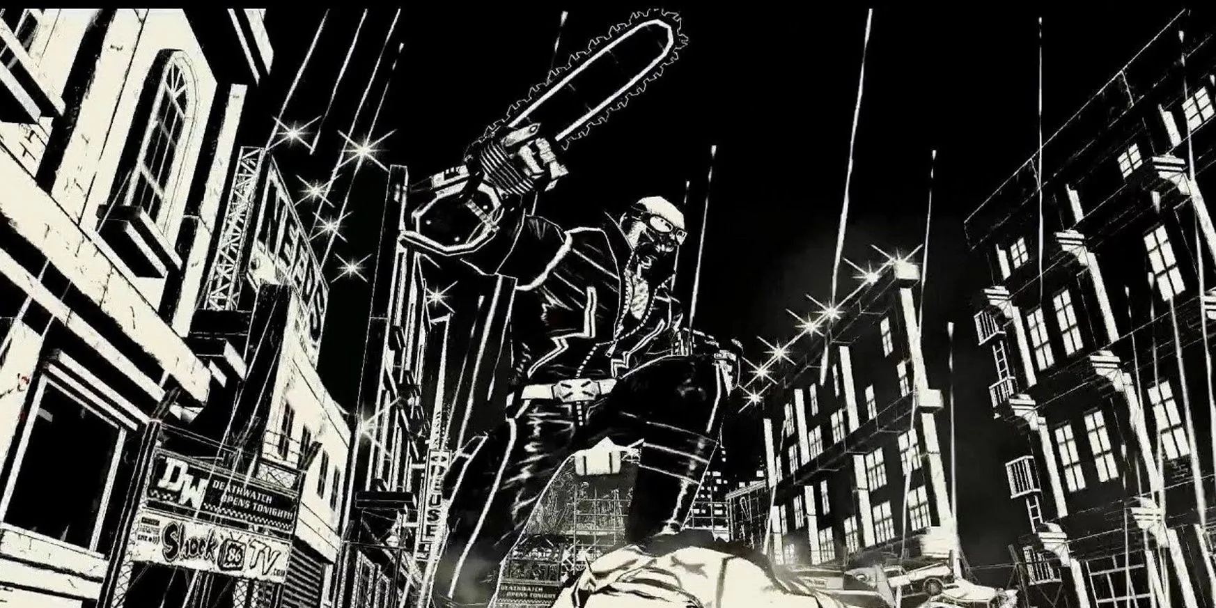 Nhân vật Jack với chiếc cưa máy đặc trưng trong game MadWorld của PlatinumGames, nổi bật với đồ họa đen trắng và lối chơi bạo lực