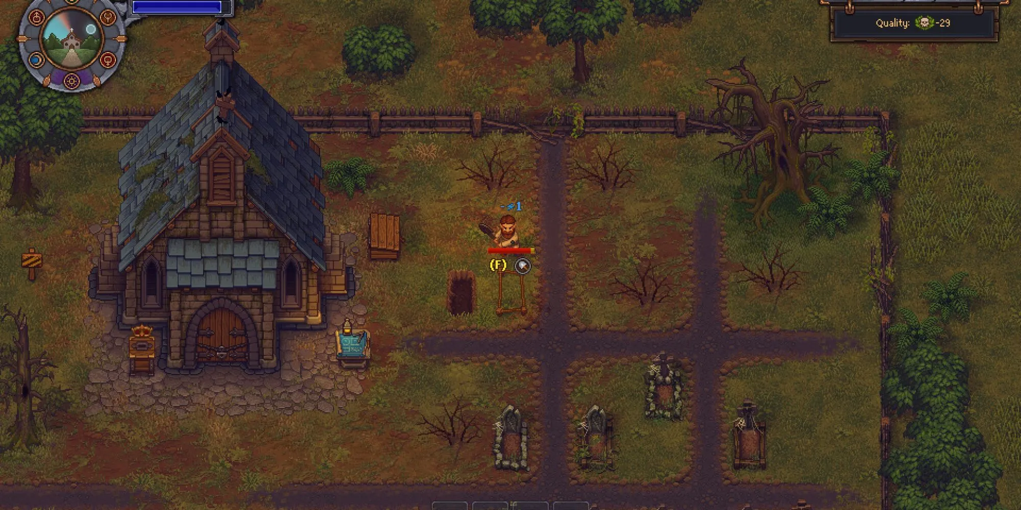 Nhân vật người giữ nghĩa trang đứng trong nghĩa trang u ám trong game Graveyard Keeper