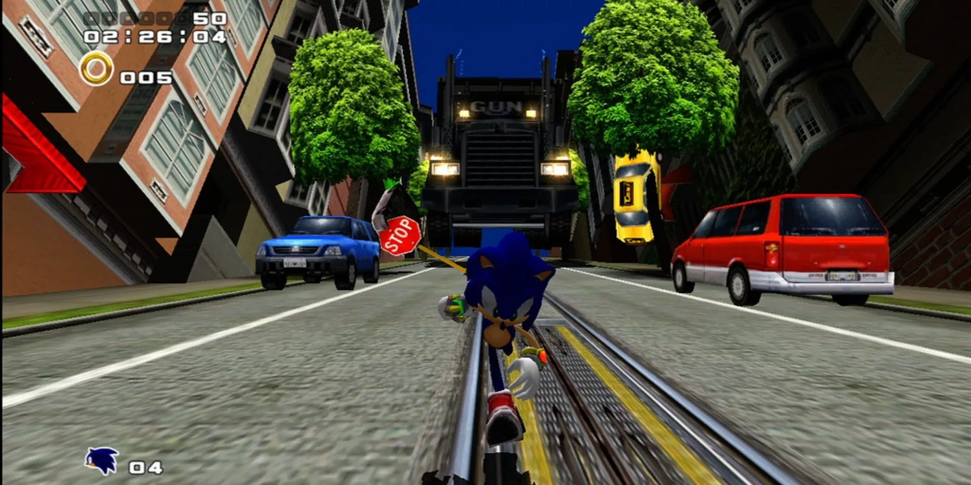 Nhân vật Sonic chạy trốn xe tải trong game Sonic Adventure 2