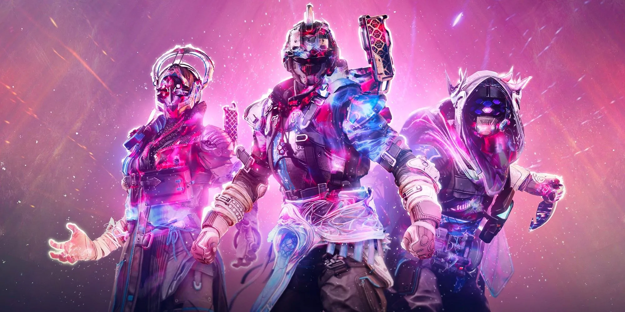 Nhân vật The Guardian trong Destiny 2 với bộ giáp trắng và vũ khí, đứng trên cảnh quan ngoài hành tinh.