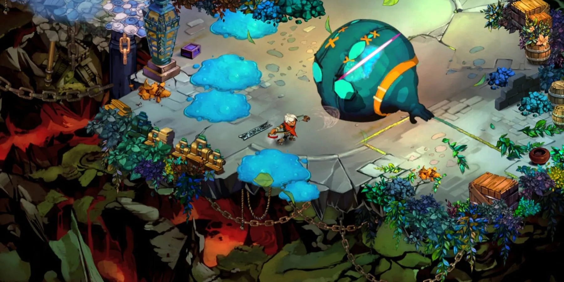 Nhân vật The Kid đối đầu quái vật trong Bastion, game Action RPG đầu tay của Supergiant Games với đồ họa và âm thanh ấn tượng