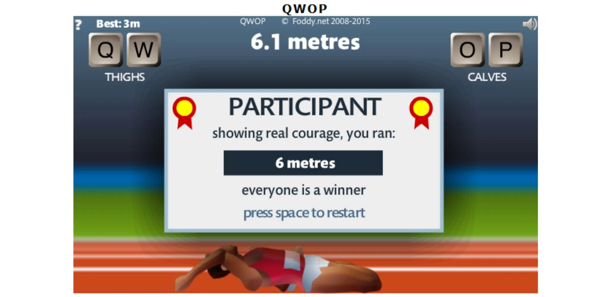 Nhân vật vận động viên trong game QWOP với tư thế chạy bộ kỳ cục, minh họa khó khăn trong việc điều khiển chân.