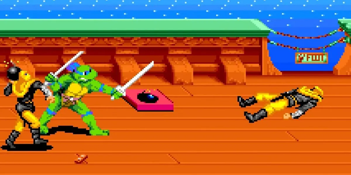 Ninja Rùa Leonardo bên cạnh một hộp Pizza Power trong game Teenage Mutant Ninja Turtles: Turtles in Time.