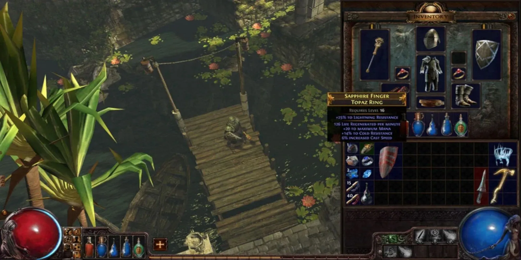 Path of Exile với nhân vật WItch đứng trên đống xác quái vật trong một khu vực đổ nát