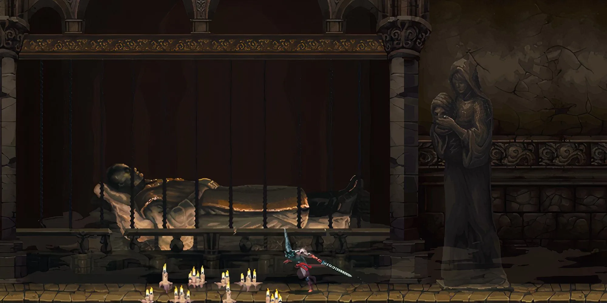 Penitent One đứng trong một công trình kiến trúc Gothic với hai bức tượng khổng lồ trong game Blasphemous