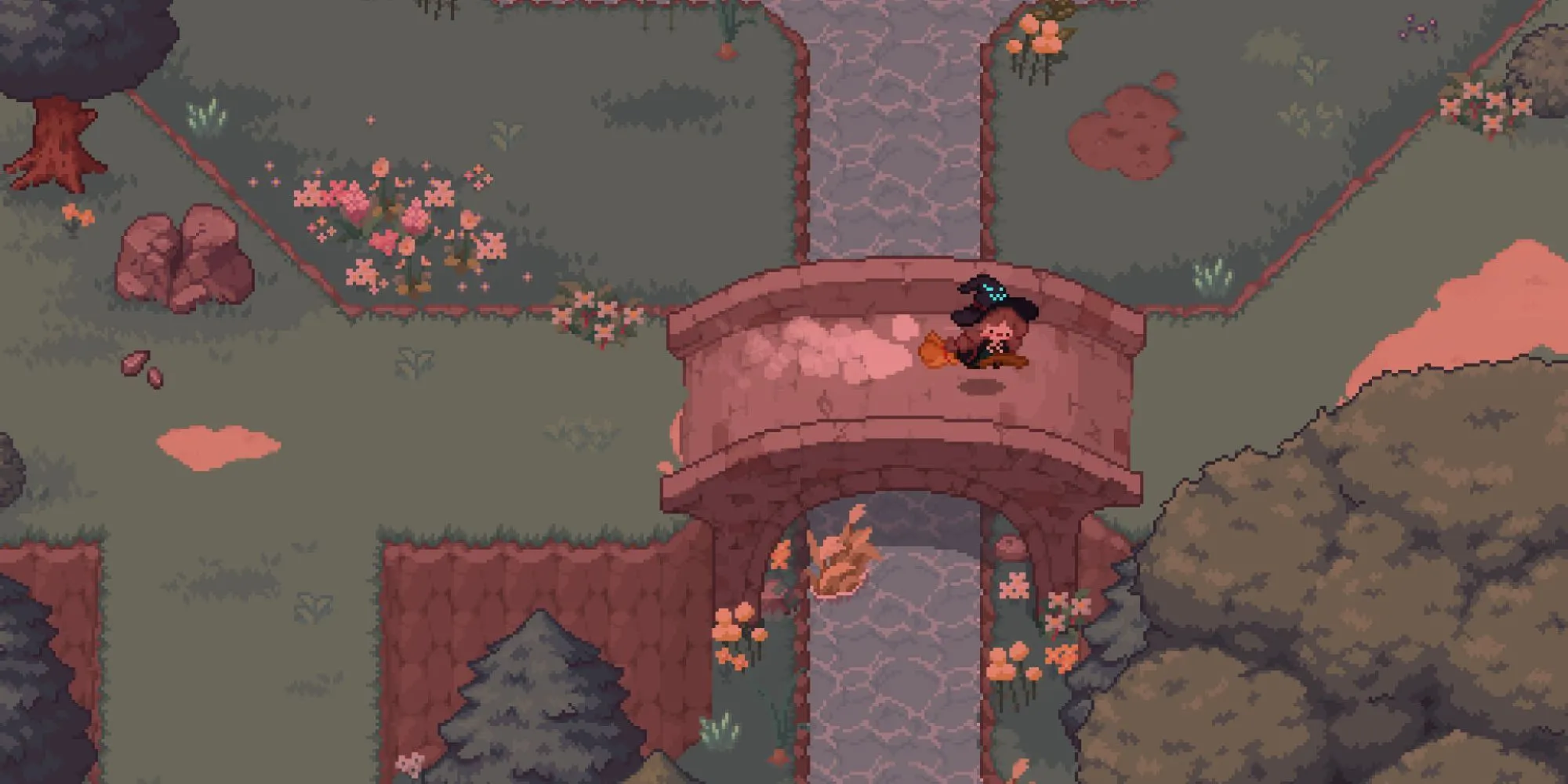 Phù thủy nhỏ Ellie cưỡi chổi bay qua khu rừng ma thuật trong game Little Witch In The Woods
