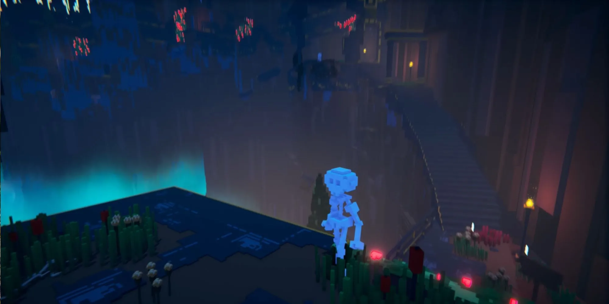Quang cảnh vách đá tuyệt đẹp nhìn ra biển trong game De-Exit với đồ họa voxel