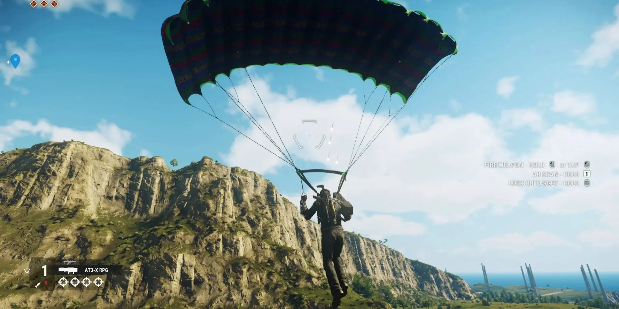 Rico Rodriguez sử dụng dù lượn trong Just Cause 4 để di chuyển
