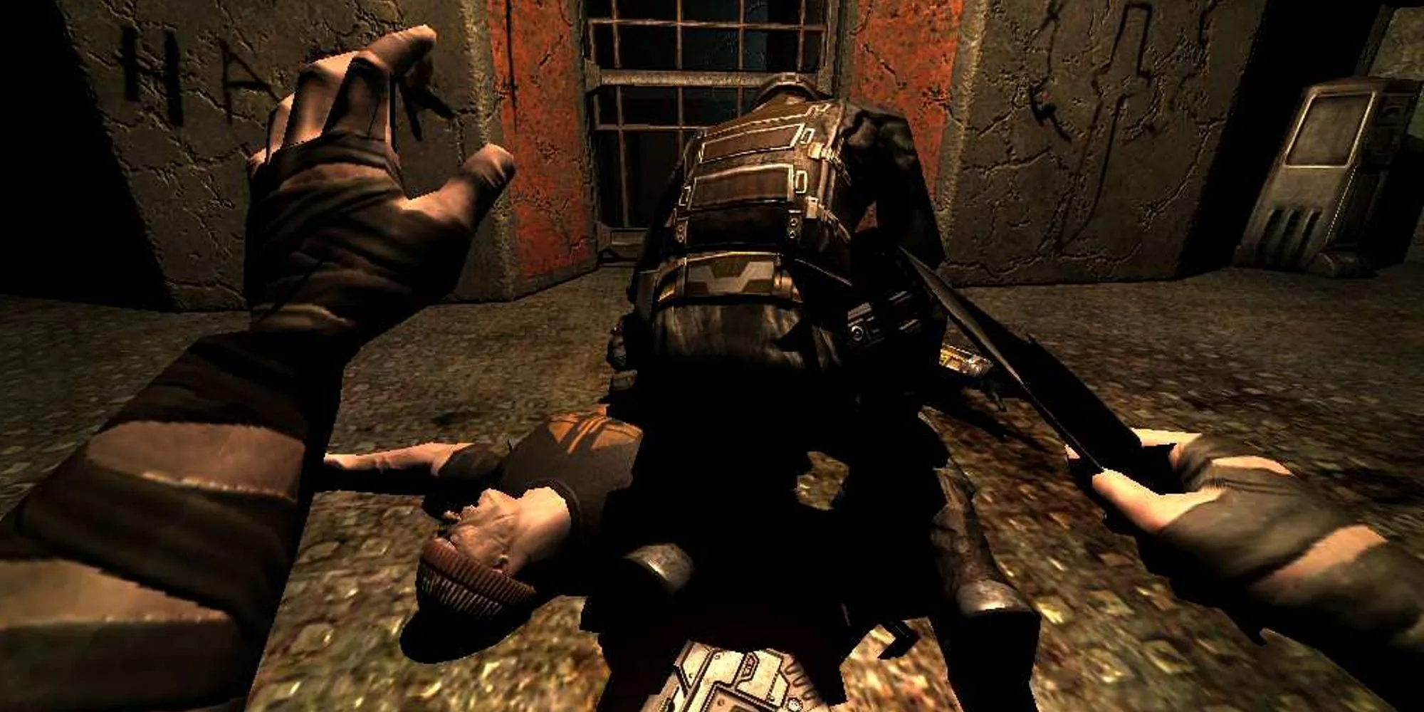 Riddick trong cảnh gameplay stealth tại nhà tù Butcher Bay