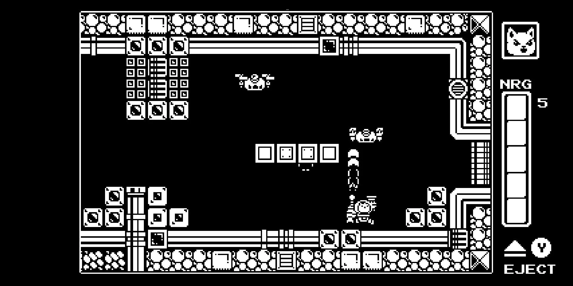 Robot mèo chiến đấu trong game Metroidvania Gato Roboto đồ họa đen trắng tối giản
