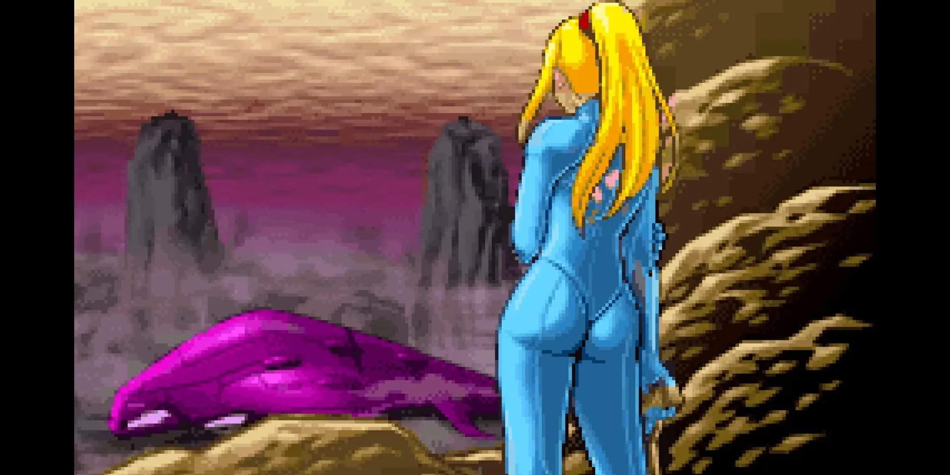 Samus Aran trong Zero Suit sau khi Power Suit bị phá hủy ở Metroid: Zero Mission, phải lẩn tránh kẻ thù