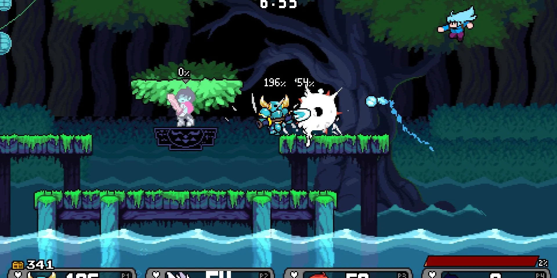 Shovel Knight, Ori, và các nhân vật Workshop Kris và Madeline chiến đấu trong Rivals Of Aether