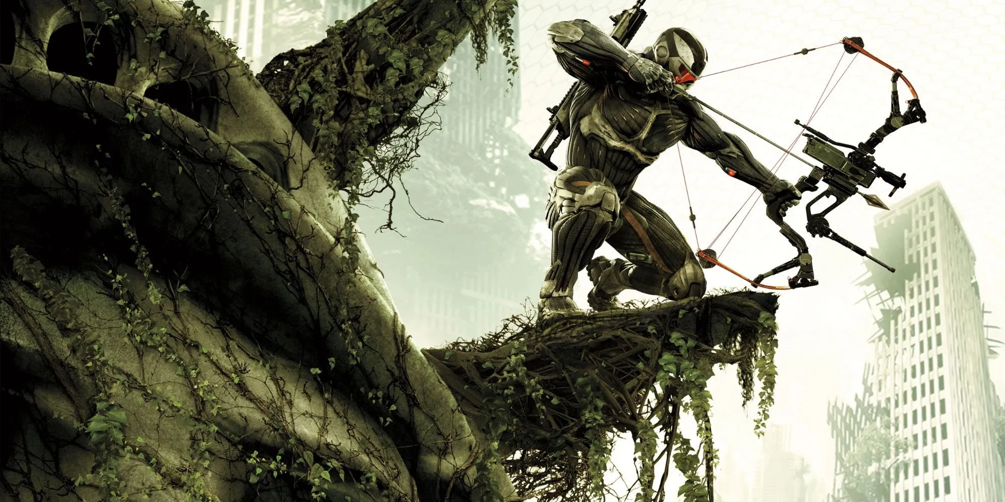 Siêu chiến binh Prophet trong Crysis 3 với bộ Nanosuit màu xanh lá cây và cung tên.