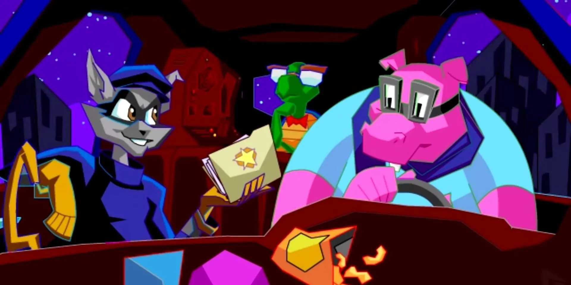 Sly Cooper cho các đồng đội xem hồ sơ cảnh sát trong Sly Cooper and the Thievius Raccoonus
