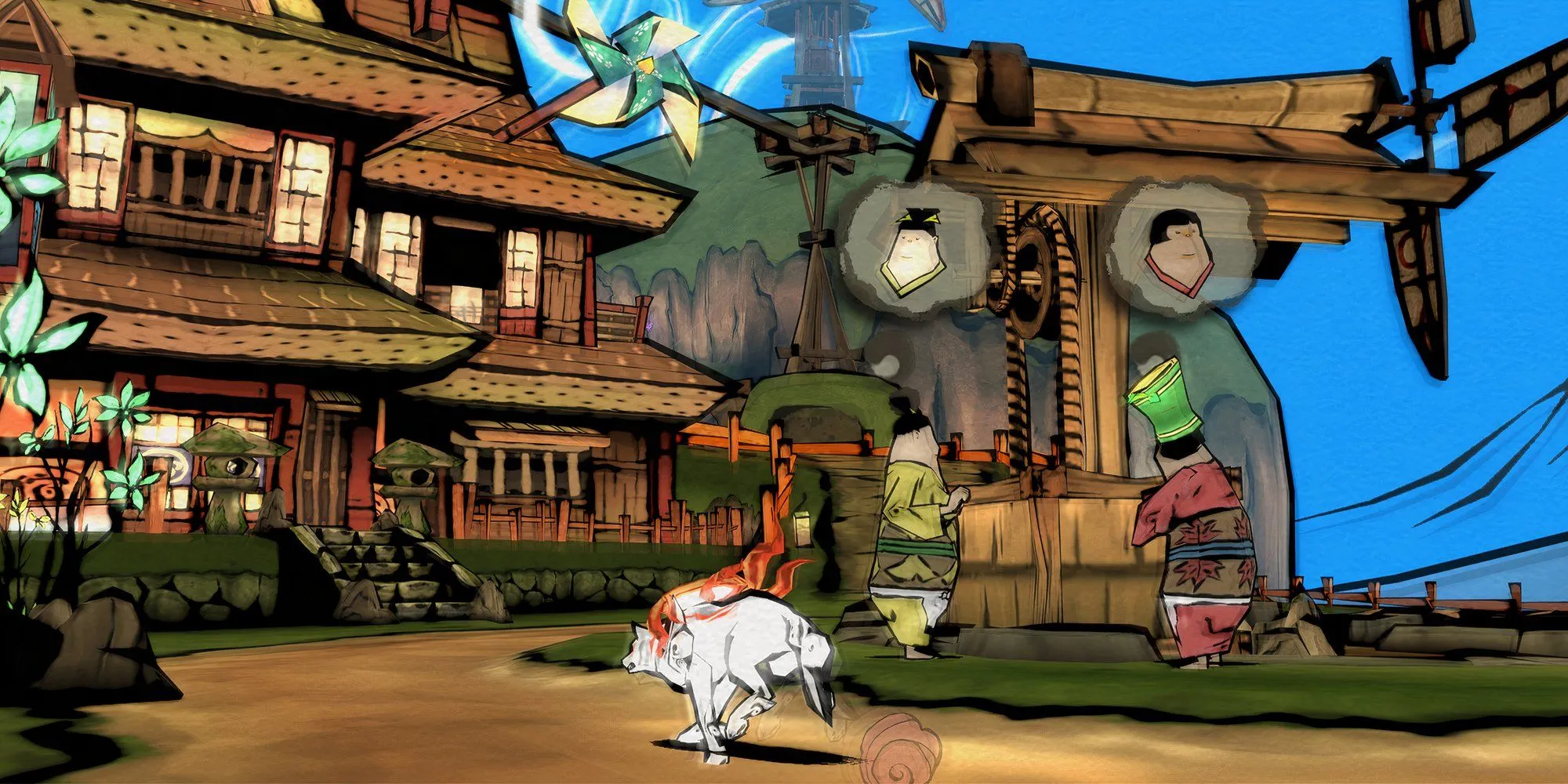 Sói trắng Amaterasu chạy trong phong cảnh Nhật Bản thời phong kiến trong game Okami