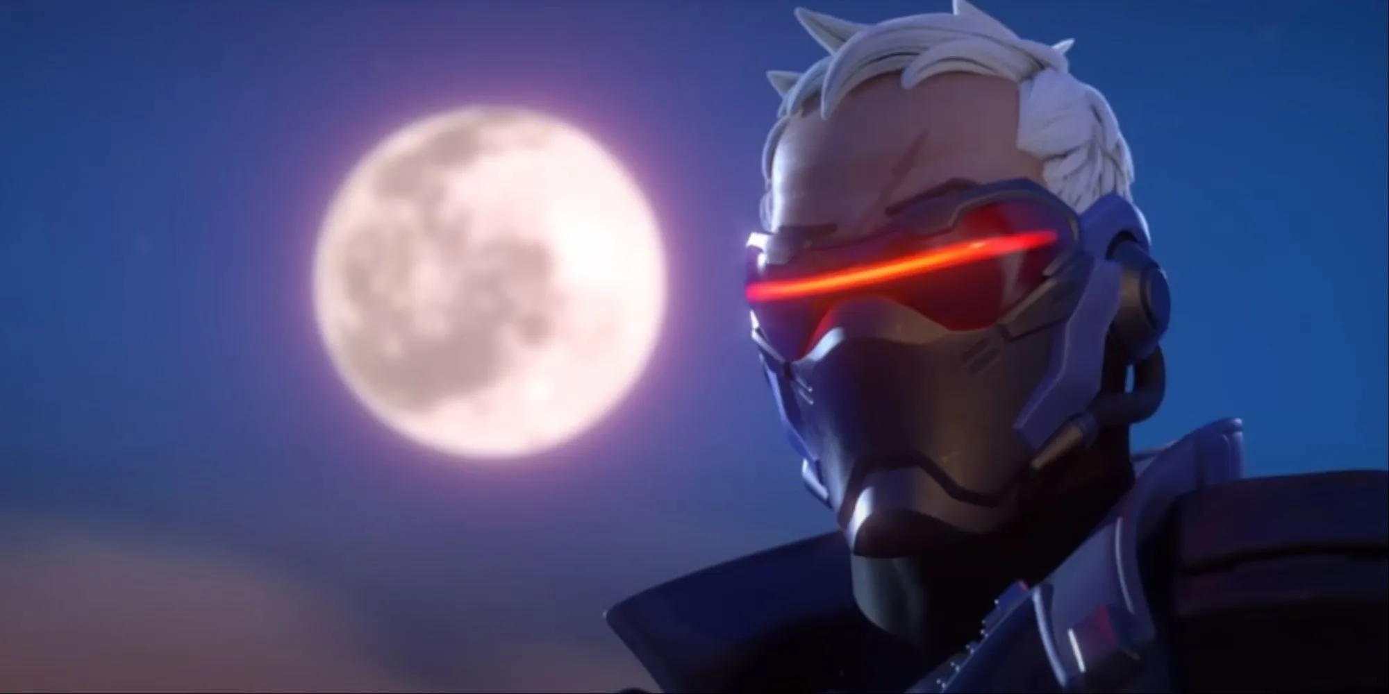 Soldier 76 trong Overwatch 2 với mặt trăng phía sau, mặc bộ giáp đặc trưng và cầm súng Pulse Rifle.