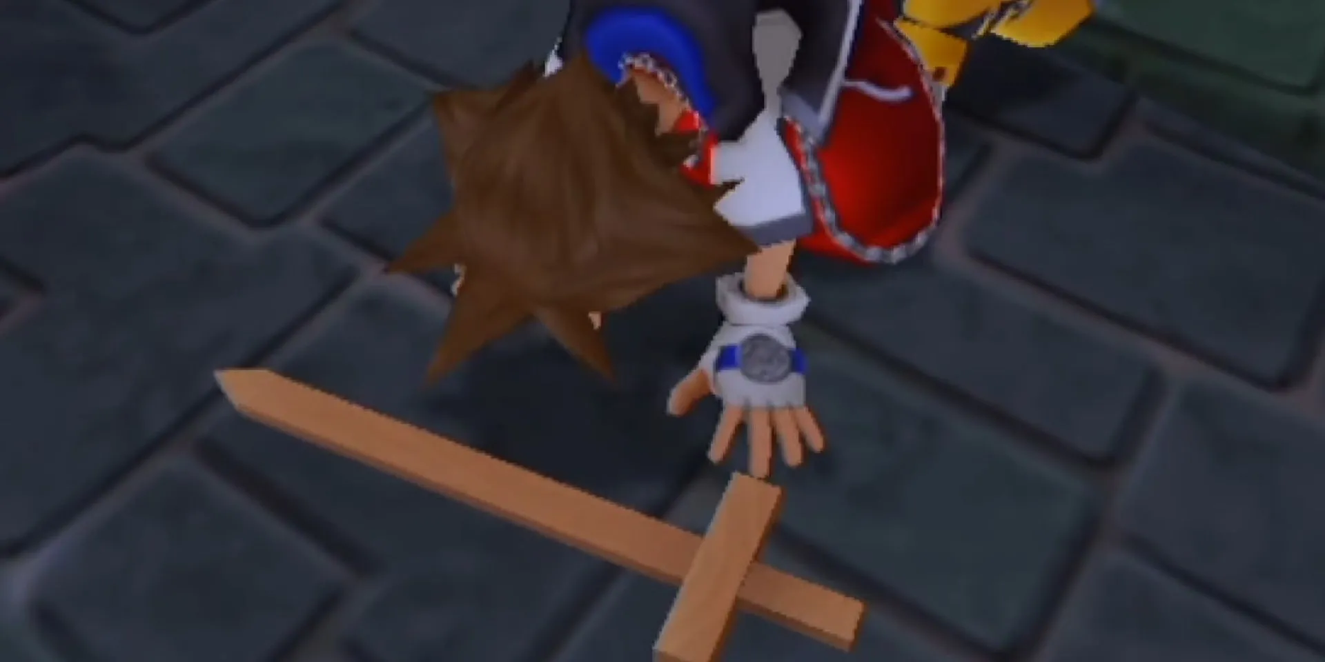 Sora chỉ còn lại thanh kiếm gỗ đồ chơi sau khi bị Riku lấy mất Keyblade ở Kingdom Hearts