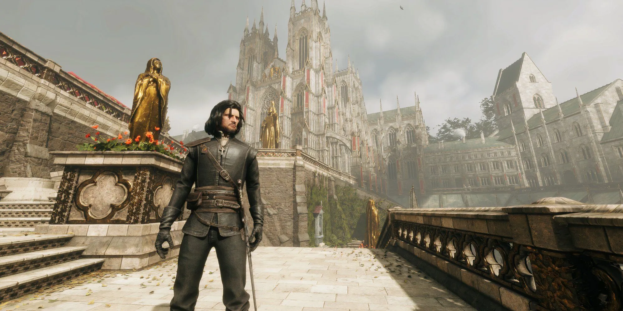 Thẩm vấn viên Mordimer Madderin đứng bên ngoài một tòa nhà trong game The Inquisitor
