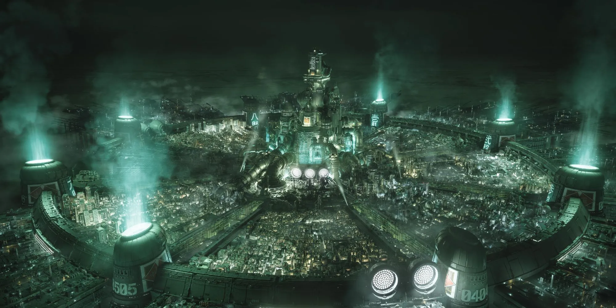 Thành phố công nghiệp cyberpunk Midgar trong Final Fantasy VII, với kiến trúc phân tầng biểu tượng và bầu không khí u tối