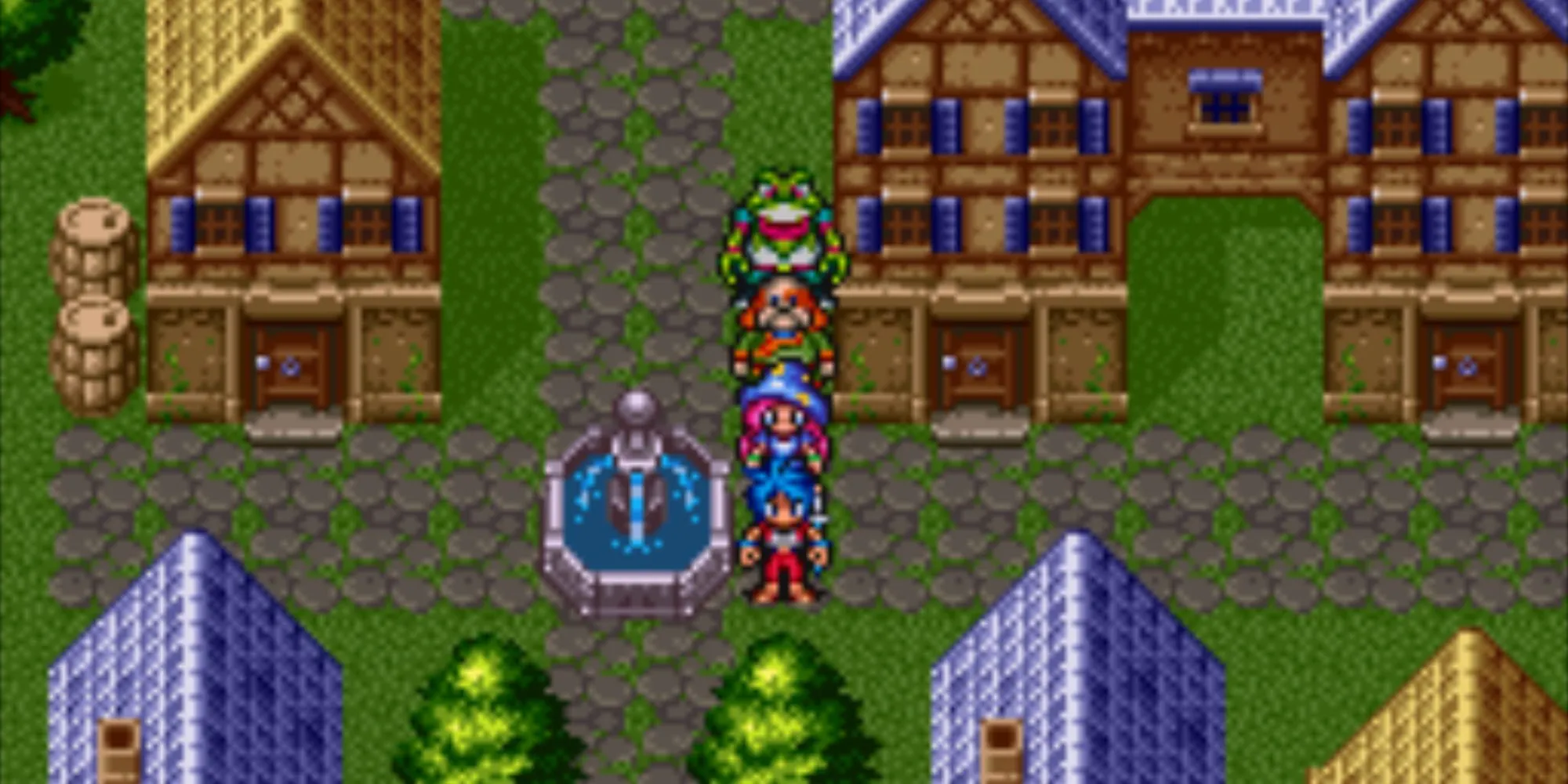 Thị trấn Township đang phát triển trong game JRPG cổ điển Breath of Fire II, thể hiện hệ thống xây dựng thị trấn