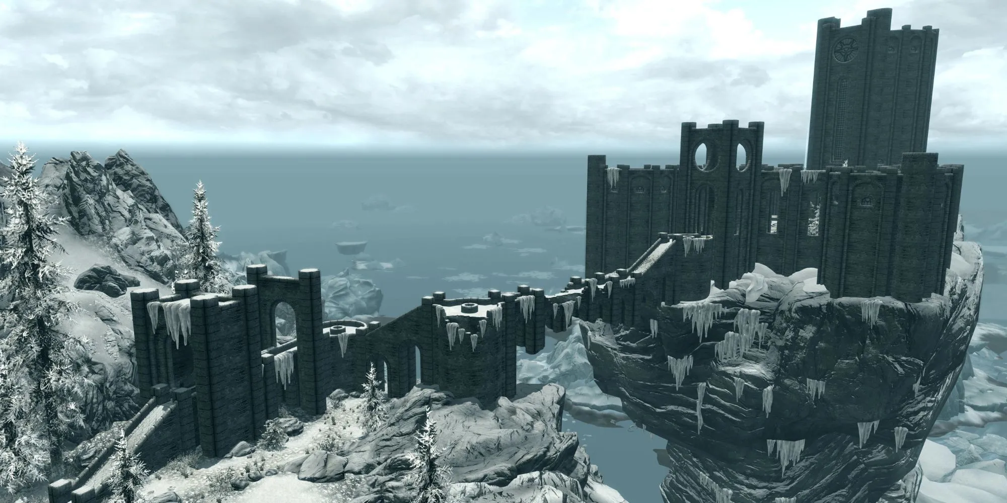 Toàn cảnh College of Winterhold nhìn từ xa trong Skyrim