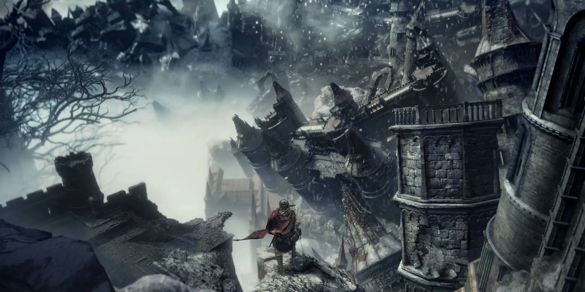 Toàn cảnh khu vực Dreg Heap với địa hình đổ nát và khó khăn trong Dark Souls 3.