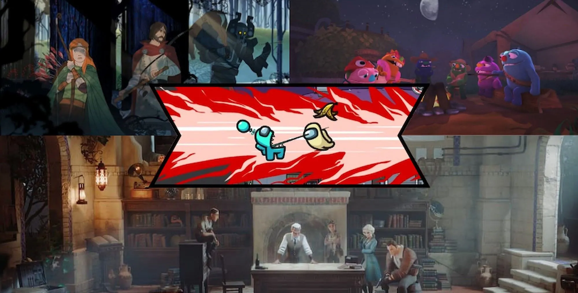Tổng hợp hình ảnh các game indie thành công nhờ gọi vốn: Among Us, The Banner Saga, Bugsnax, và The Lamplighters League