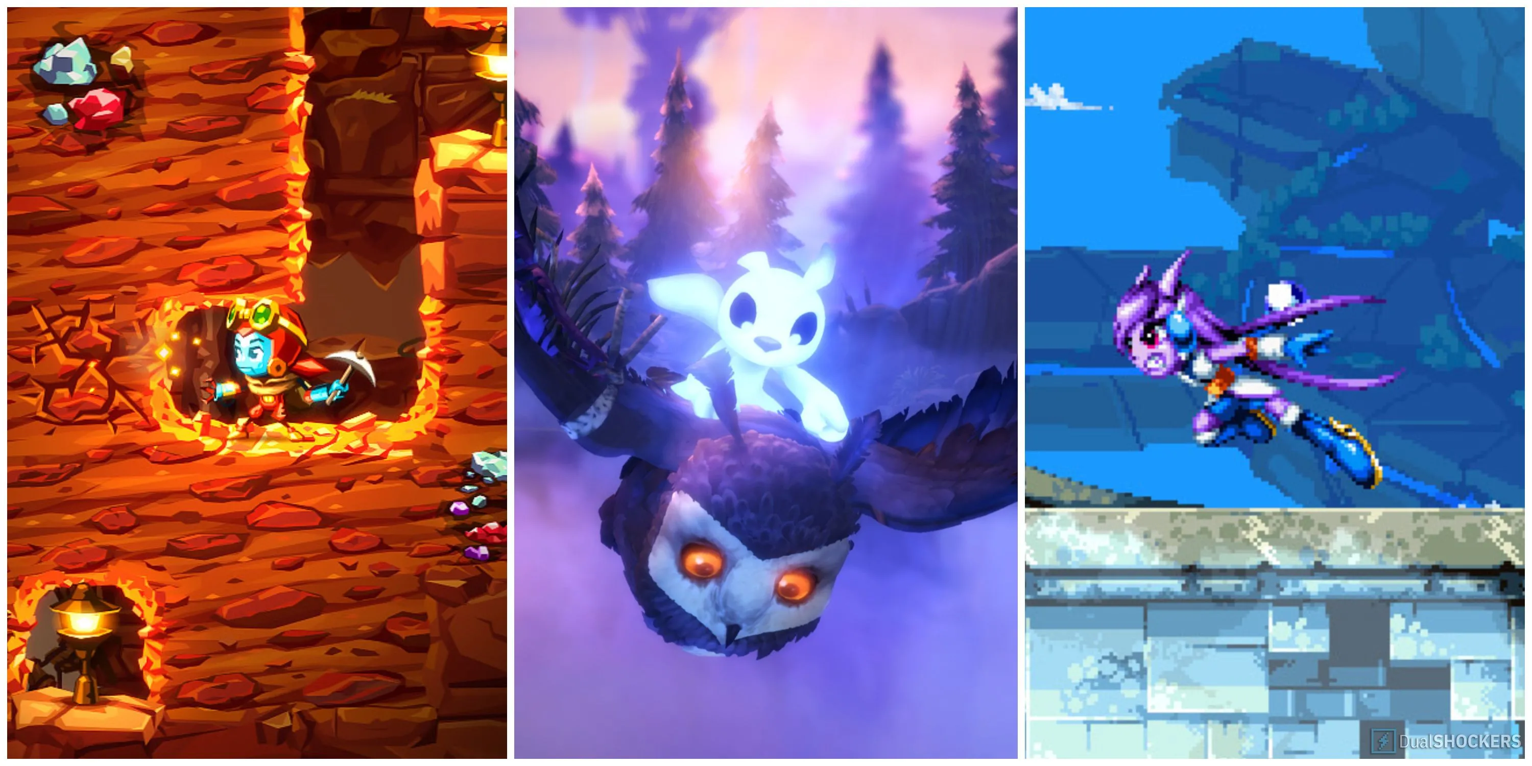 Tổng hợp hình ảnh các game platformer phần 2 xuất sắc như SteamWorld Dig 2, Ori and the Will of the Wisps, Freedom Planet 2