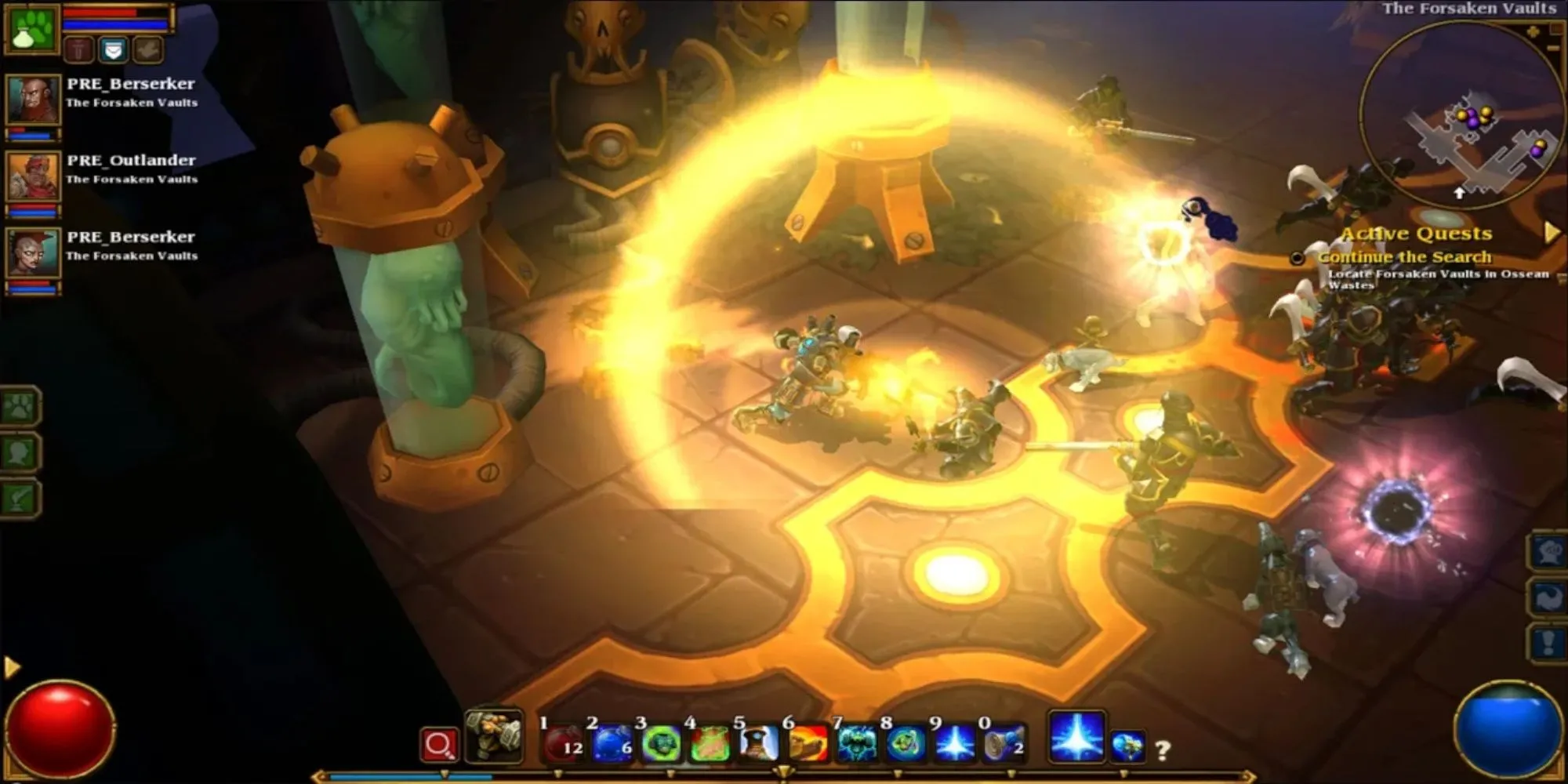 Torchlight 2 với hình ảnh một nhóm nhân vật hoạt hình đang chiến đấu với quái vật trong một khu rừng đầy màu sắc
