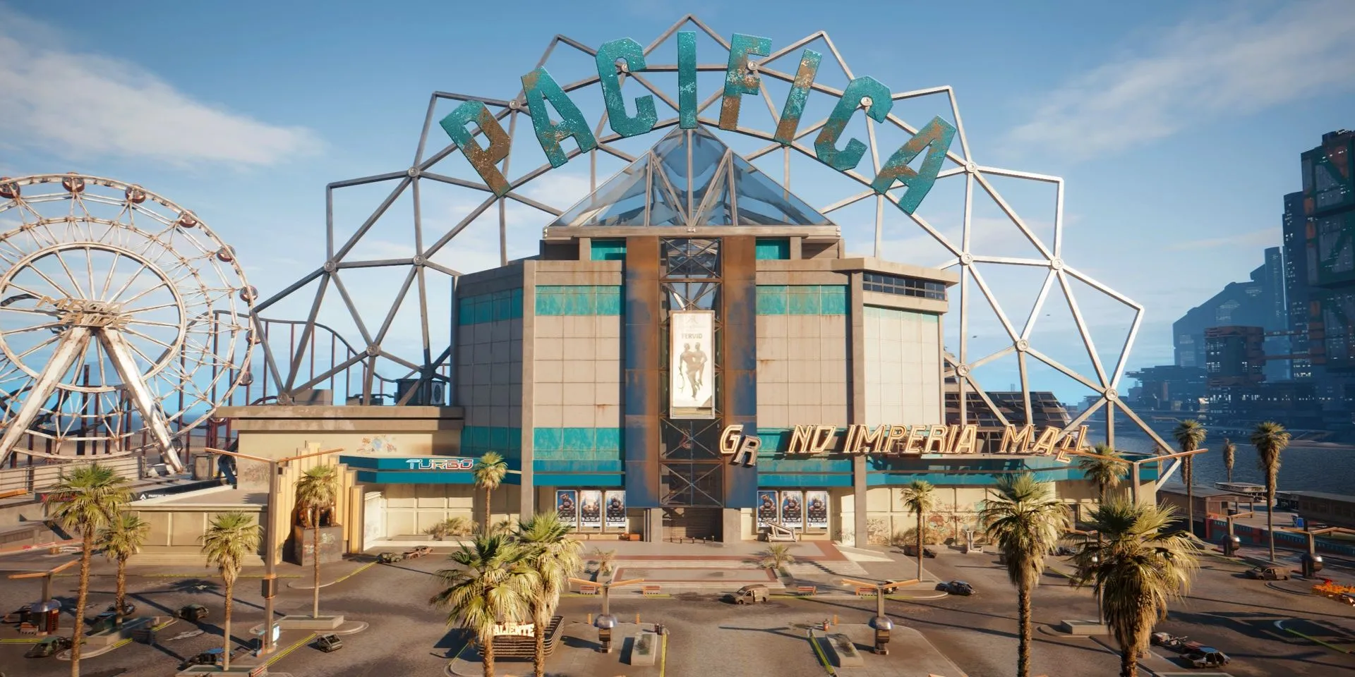 Trung tâm thương mại Grand Imperial Mall ở khu Pacifica trong Cyberpunk 2077
