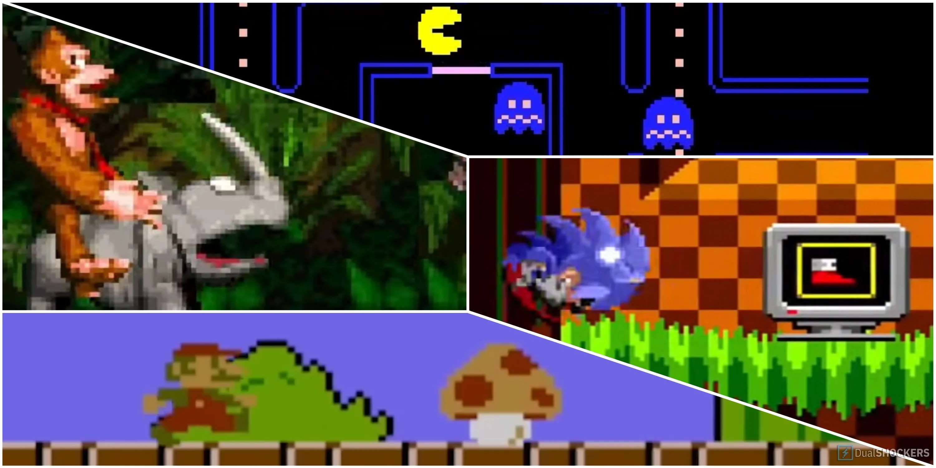 Tuyển tập các power-up biểu tượng trong game như nấm Mario, chuối Donkey Kong, viên năng lượng Pac-Man