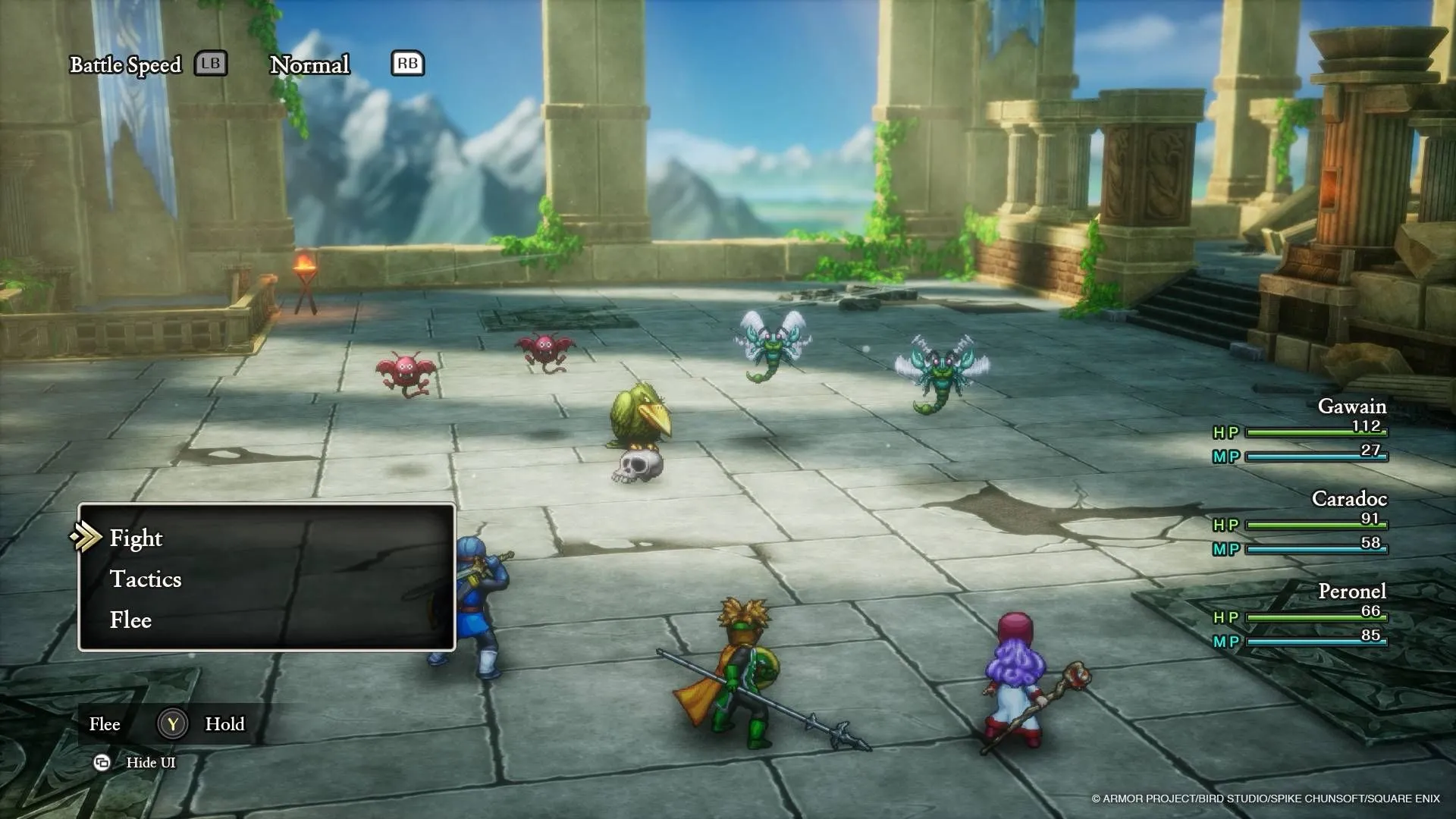 Cảnh chiến đấu theo lượt ấn tượng trong Dragon Quest 1 & 2 HD-2D Remake, thể hiện phong cách đồ họa HD-2D đặc trưng