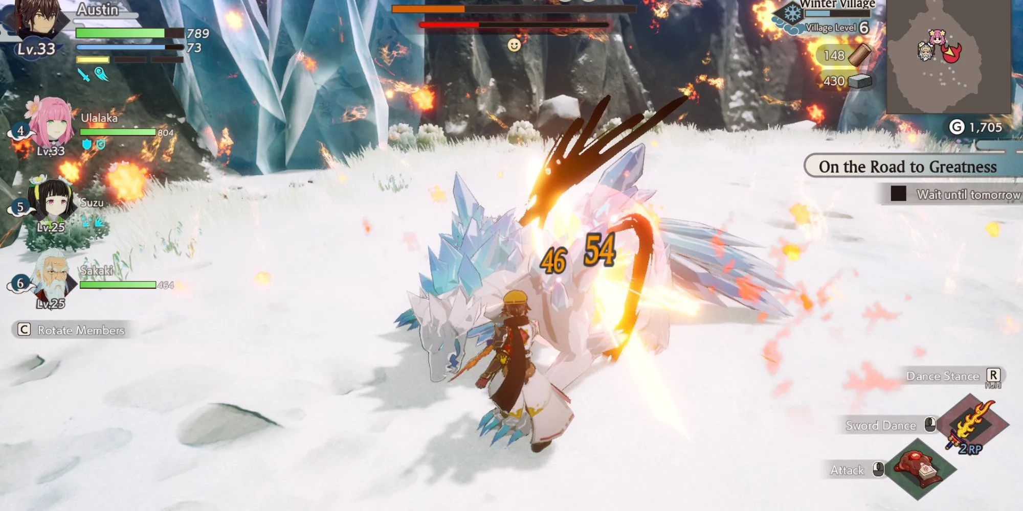 Cảnh chiến đấu với boss White Wolf trong Rune Factory Guardians of Azuma