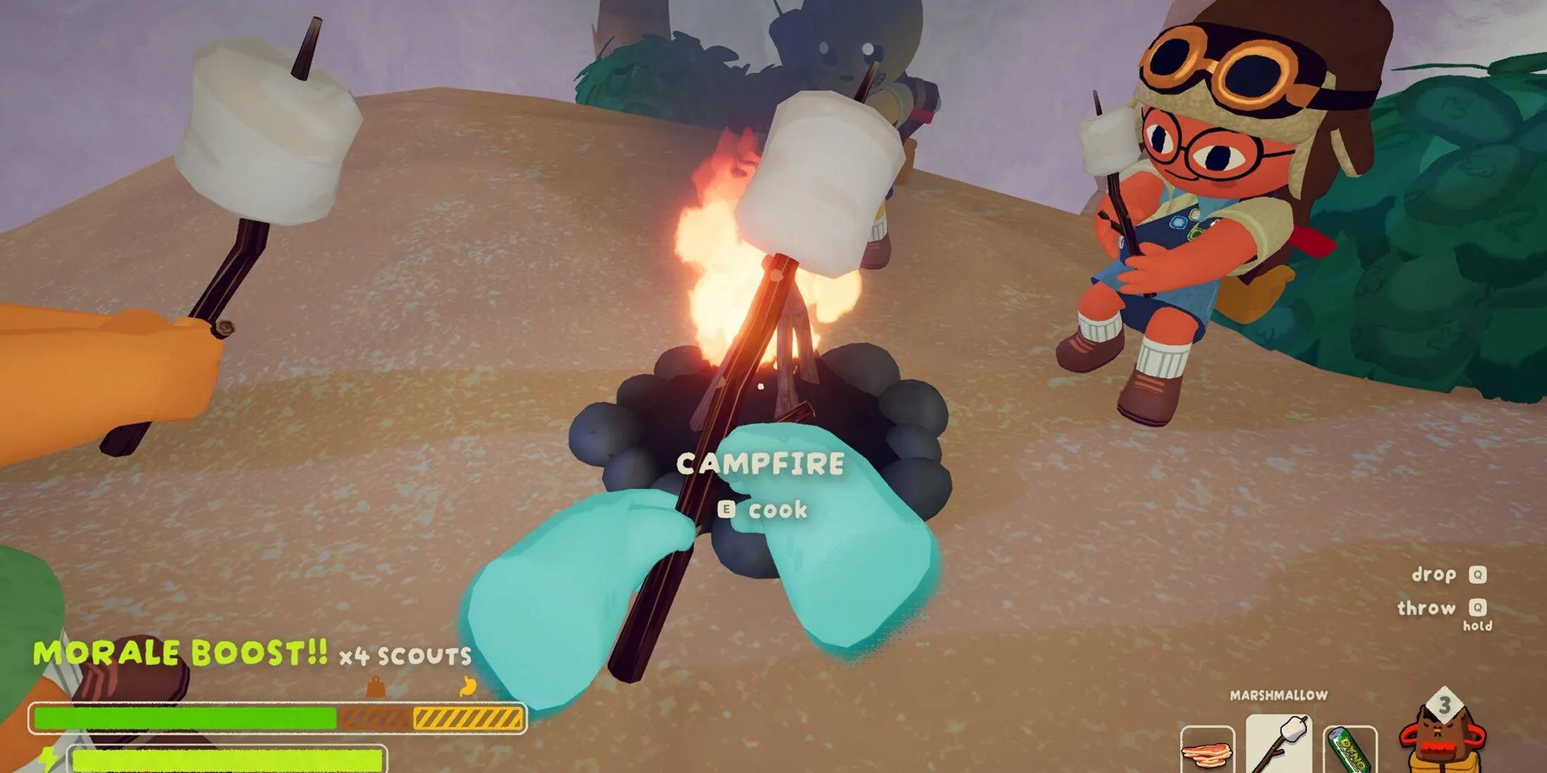Cảnh lửa trại ấm cúng trong Peak, nơi game thủ có thể nghỉ ngơi và tương tác cùng đồng đội sau hành trình leo núi.