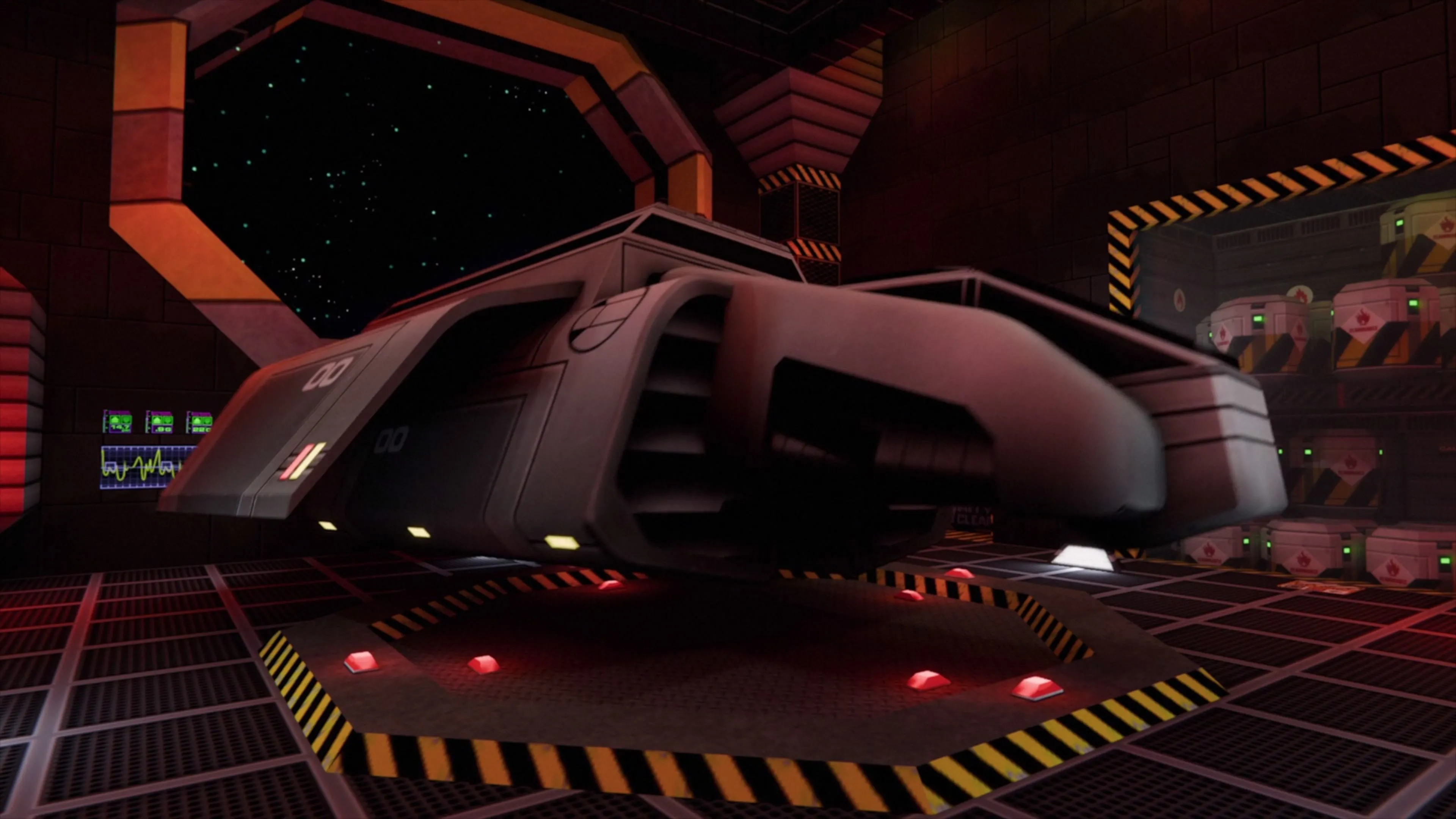 Cảnh nội thất tối tăm trên tàu vũ trụ trong System Shock 2