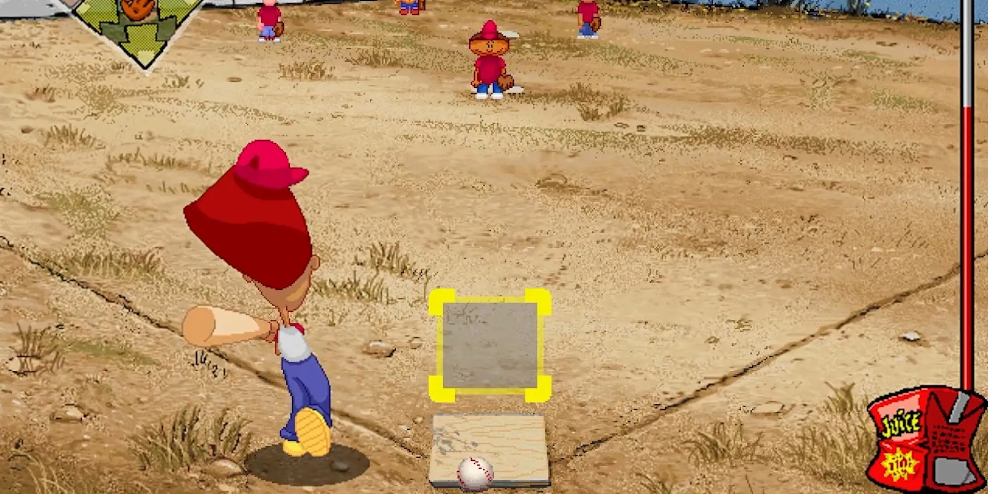 Cầu thủ nhí đang đánh bóng trong game Backyard Baseball 2001