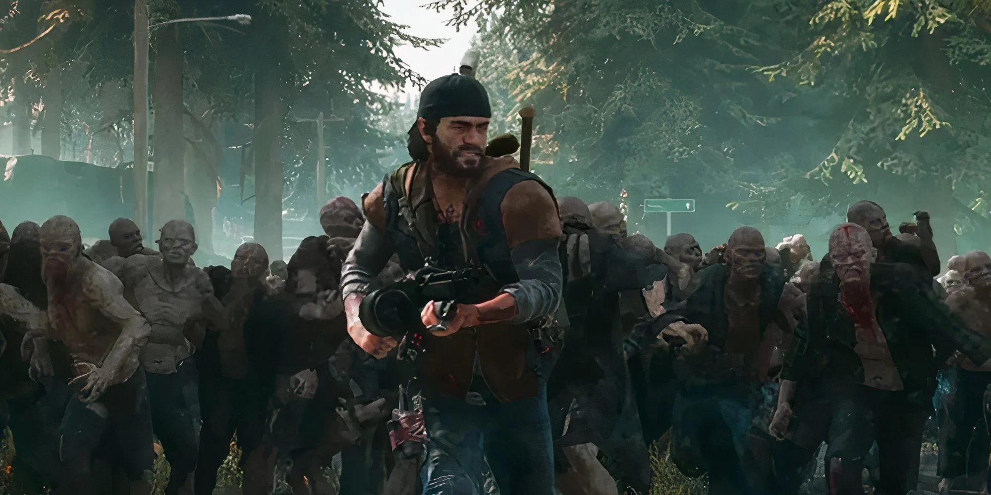 Đoàn horde zombie khổng lồ rượt đuổi Deacon St. John trong game Days Gone.