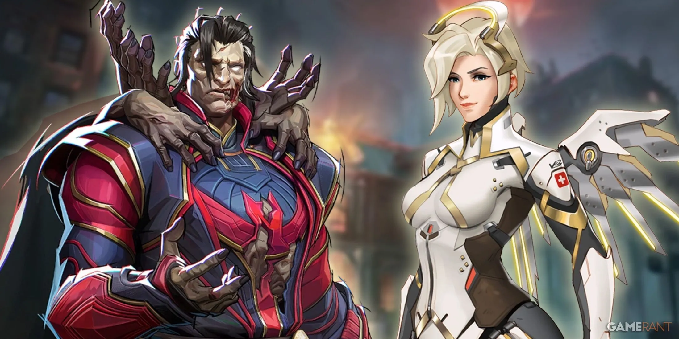 Doctor Strange từ Marvel Rivals và Mercy từ Overwatch 2 đứng trước nền mờ, thể hiện sự cạnh tranh giữa hai game