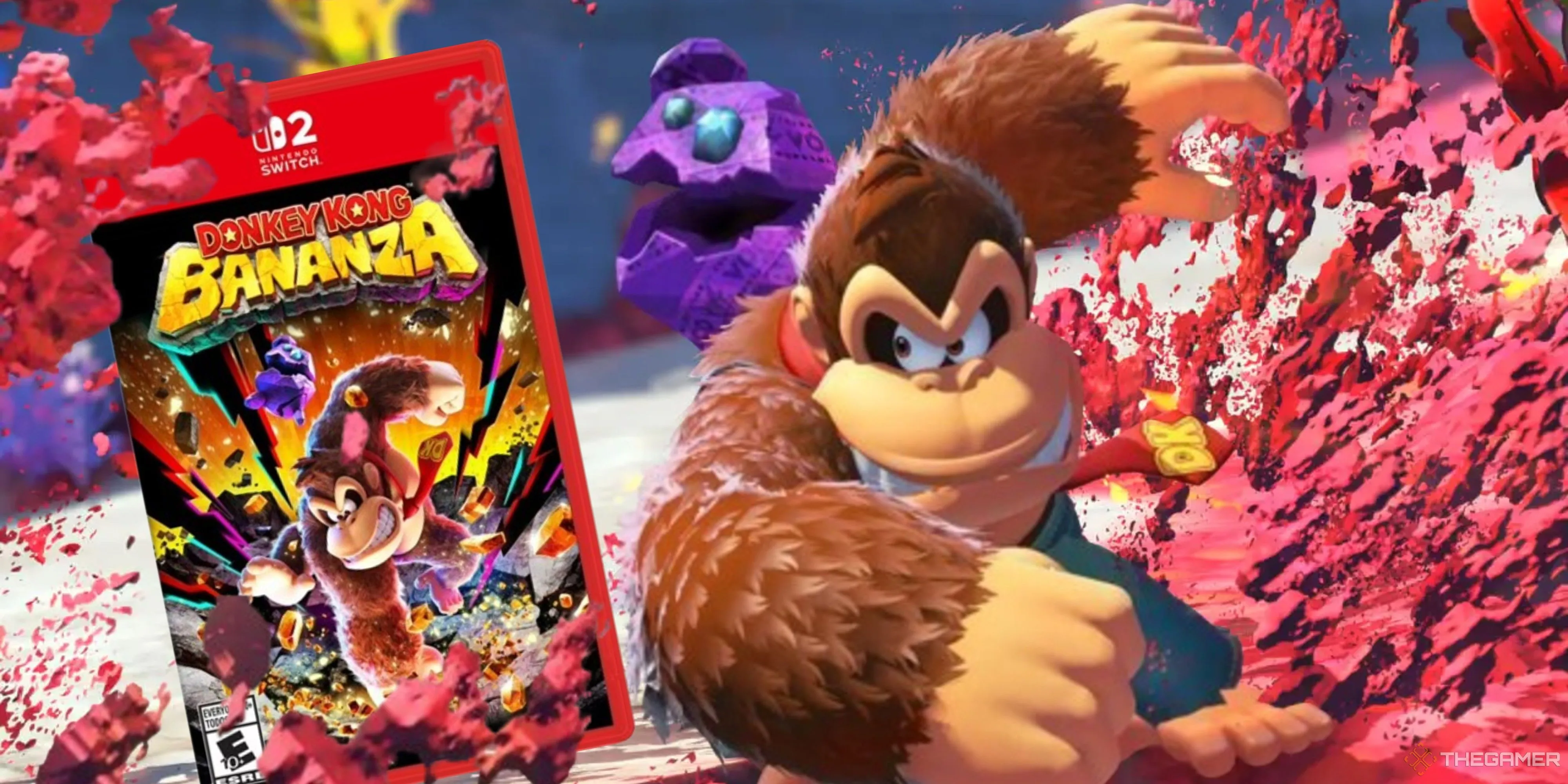 Donkey Kong đang đấm vào bản sao game Donkey Kong Bananza, thể hiện sự bùng nổ của trò chơi