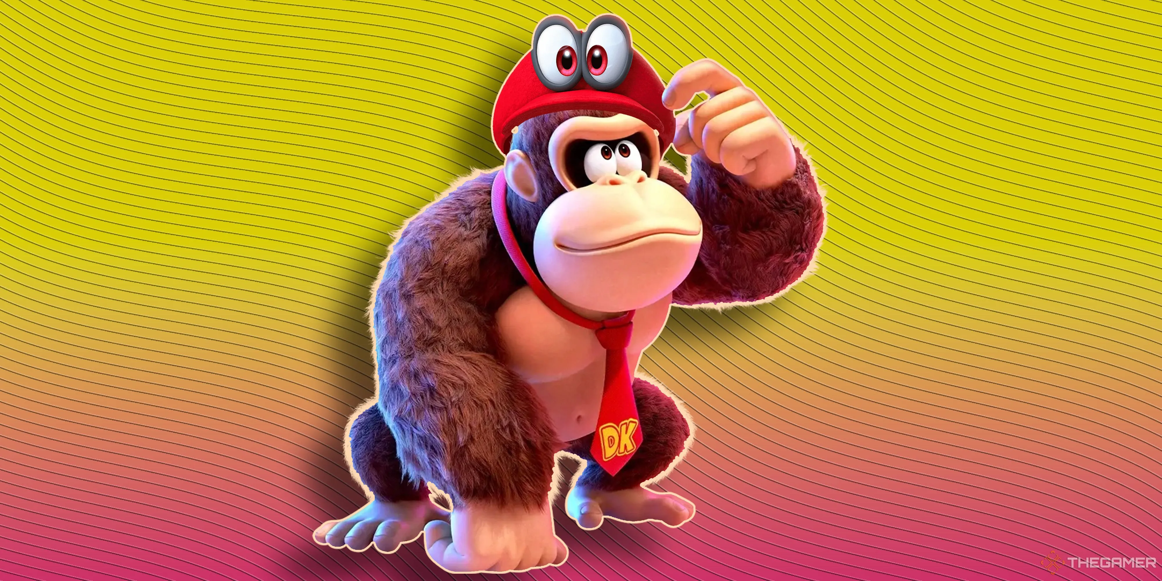 Donkey Kong trong phong cách nghệ thuật mới của Bananza, đội chiếc mũ Cappy từ Super Mario Odyssey.