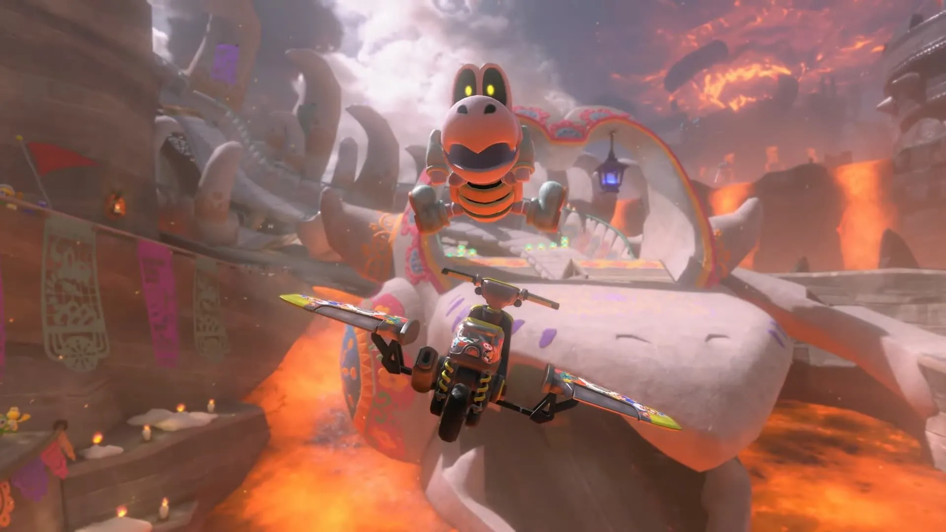 Dry Bones trong Mario Kart World đang bay, minh họa xu hướng tăng giá game Nintendo trên Switch 2.