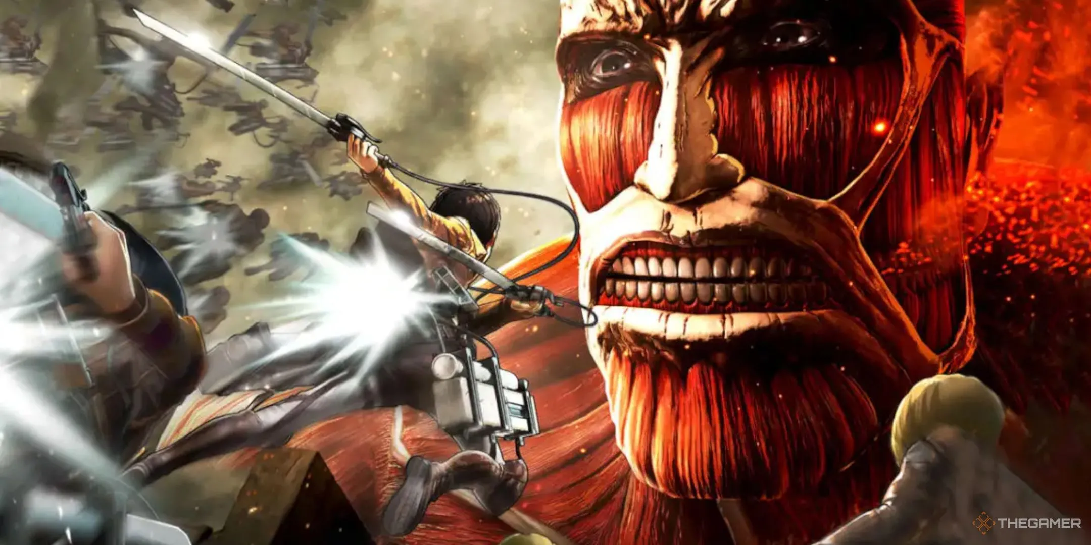 Eren sử dụng Bộ Cơ Động Đa Hướng (ODM Gear) để tiếp cận Titan Khổng Lồ trong Attack On Titan: Wings Of Freedom.