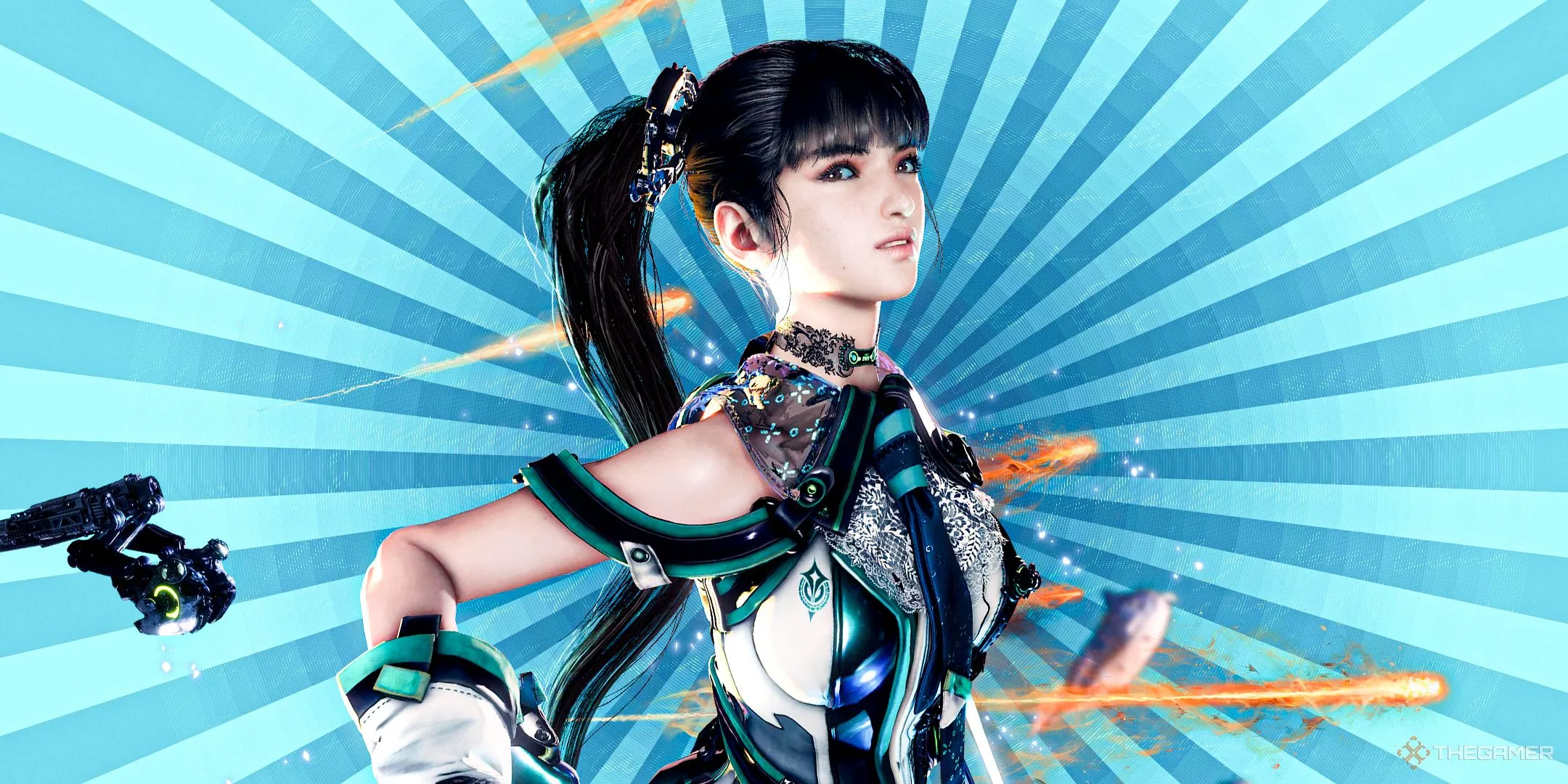 Eve, nhân vật chính của Stellar Blade, xuất hiện trên nền xanh, hình ảnh đại diện cho vụ việc tài khoản Twitter bị hack.